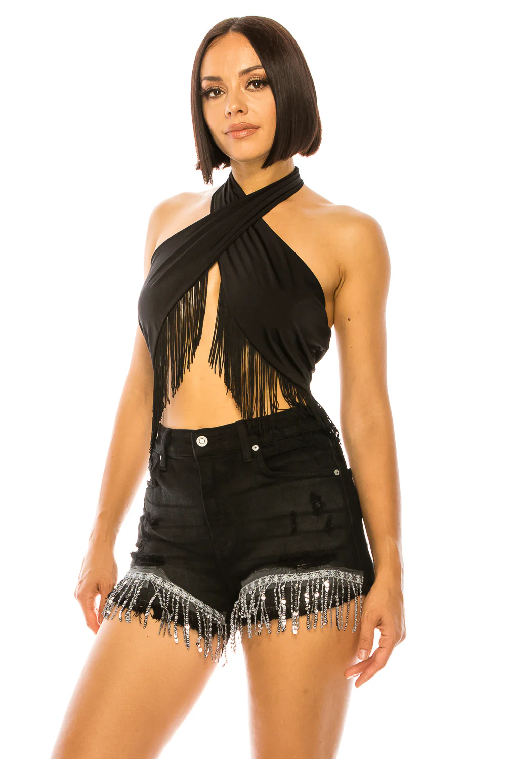 FRINGE WRAP HALTER TOP