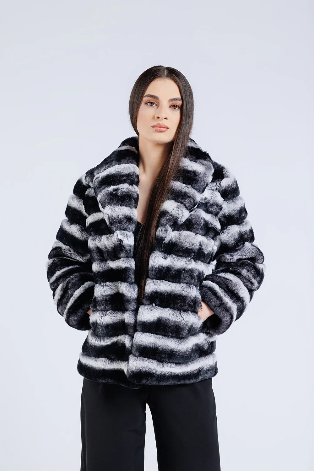 Haină din Blană Naturală de Rex Chinchilla, Guler Rever, Femei, Silver Grey 177