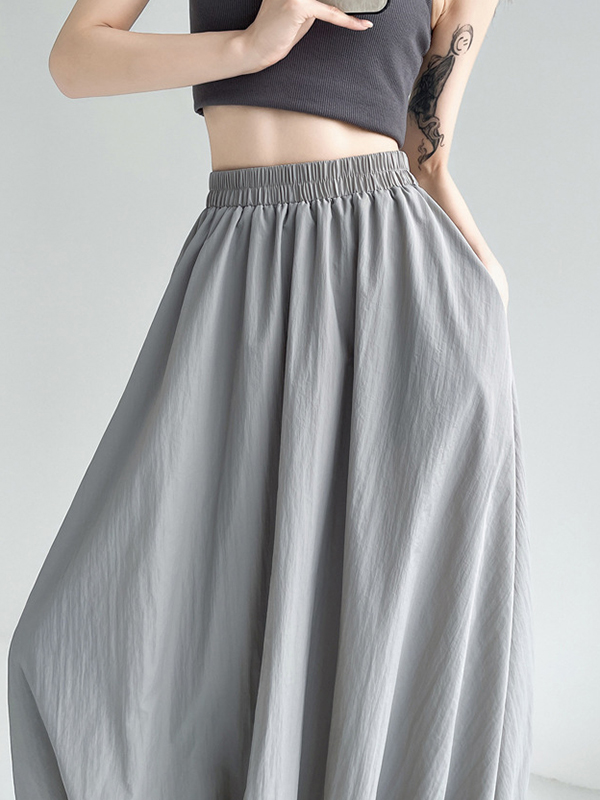 Elasticity Pleated Pockets Solid Color A-Line Loose Skirts Bottoms