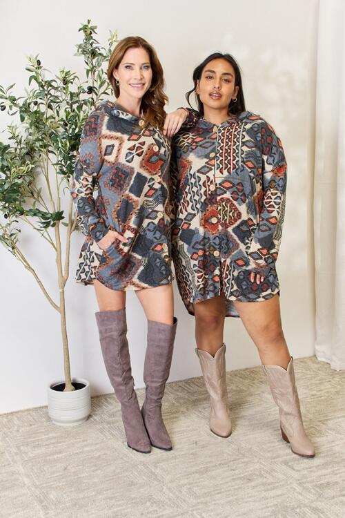 Full Size Printed Button Up Hooded Jacket