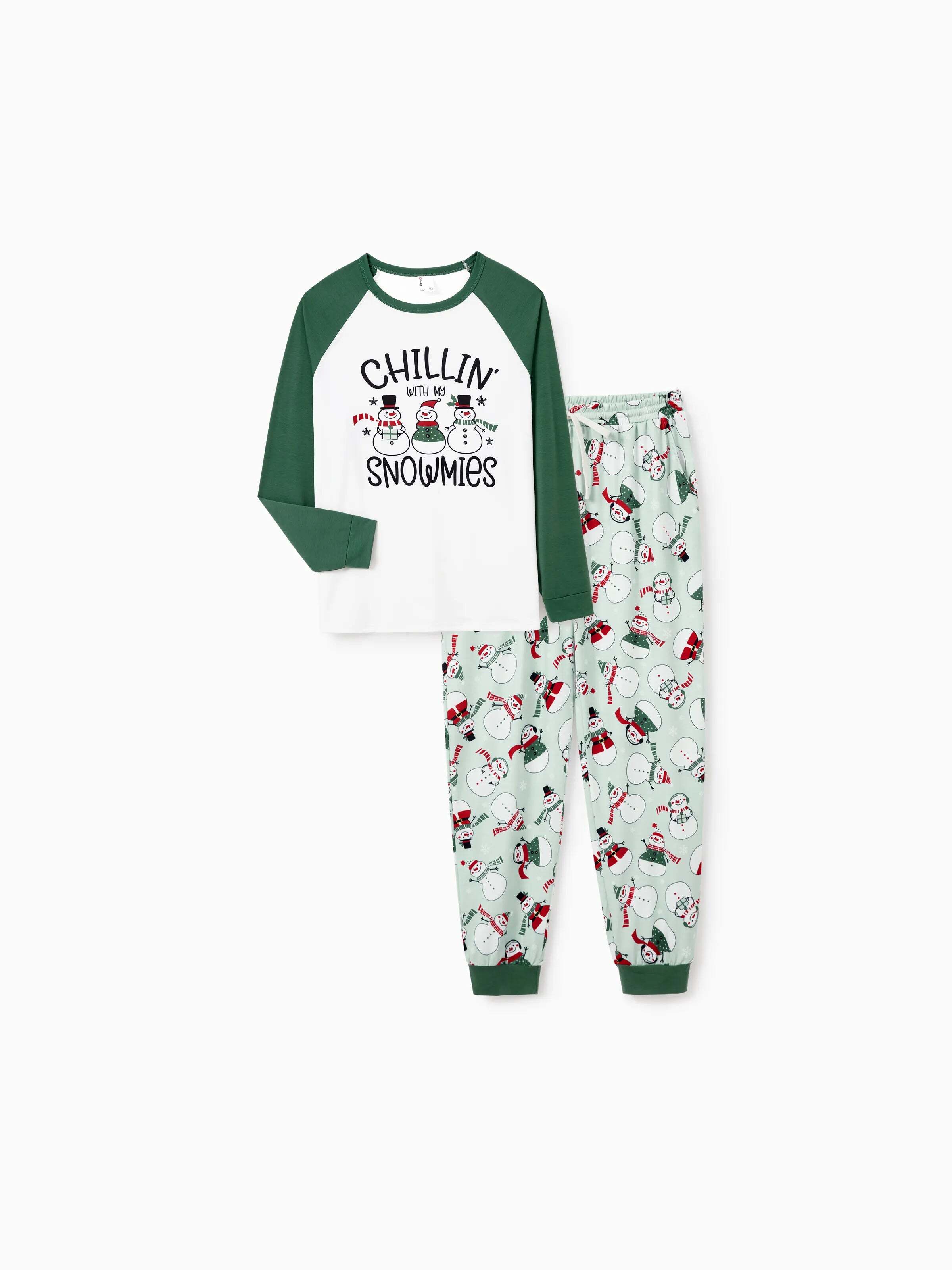 Christmas Matching Family Pajamas Set Christmas Snowman Print PJS with Christmas Socks Mint Green