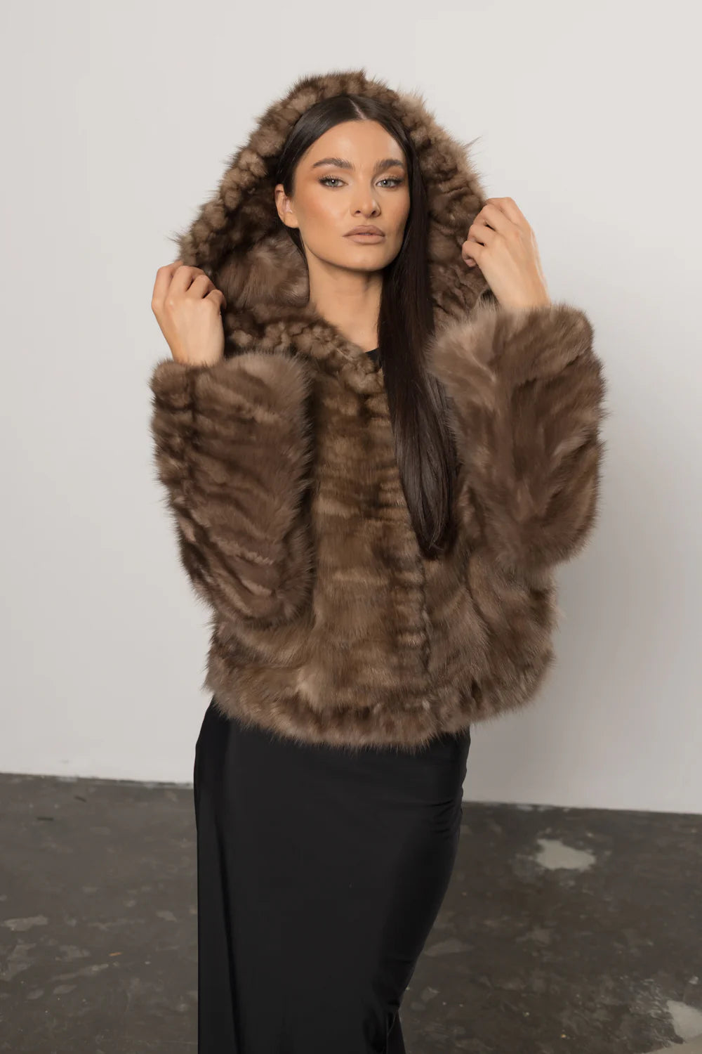 Haină din Blană Naturală de Zibelina, cu Glugă, Femei, Sable Brown 433