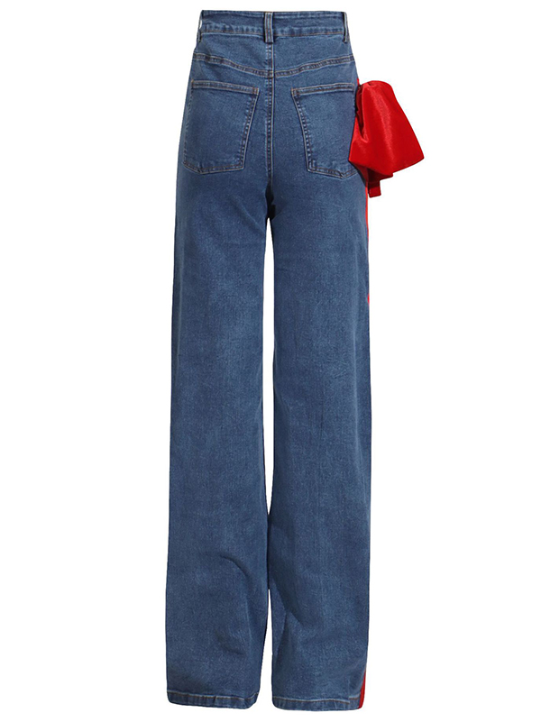Buttoned Contrast Color Pockets Tied High Waisted Loose Jean Pants Bottoms