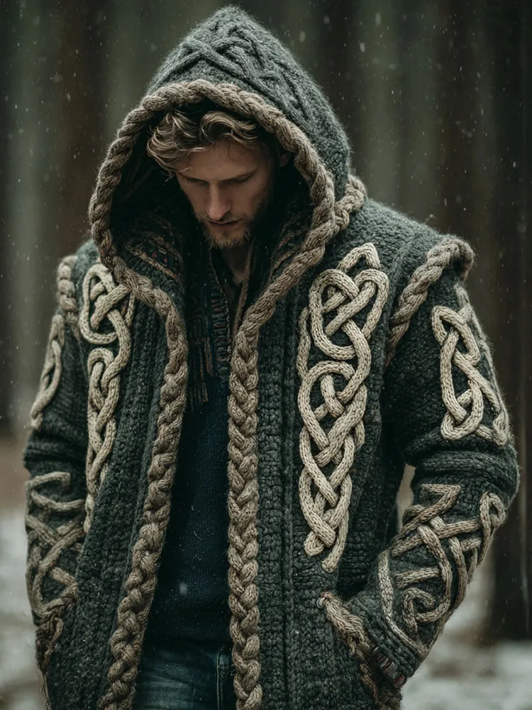 Men's Viking Intricate Celtic Knot Pocket Mid-length Cardigan Sweater