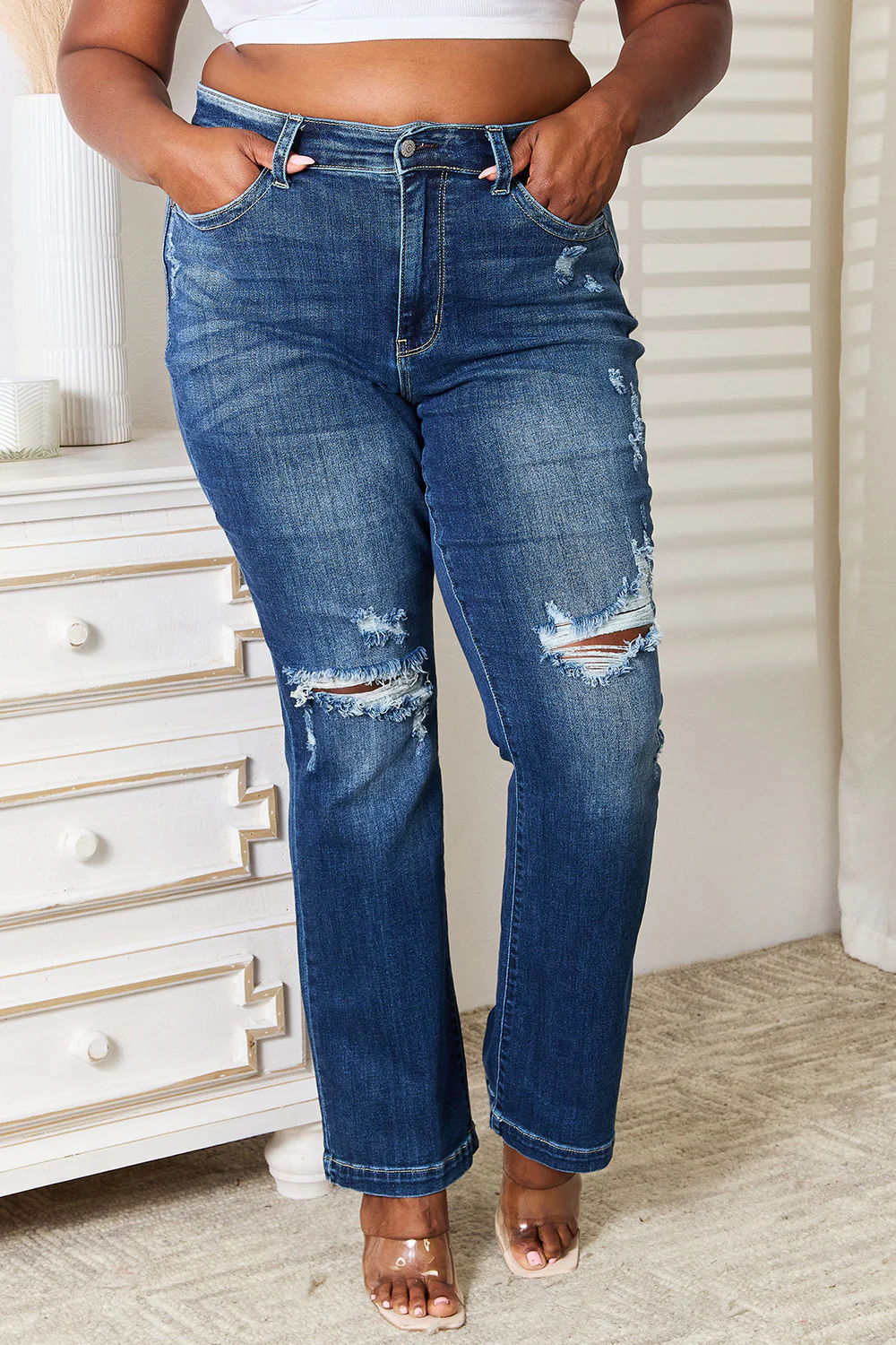 Blue Full Size Mid Rise Hand Sand & Destroy Bootcut Jeans