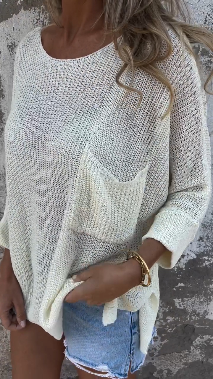 Solid Color Knit Pocket Crewneck Sweater