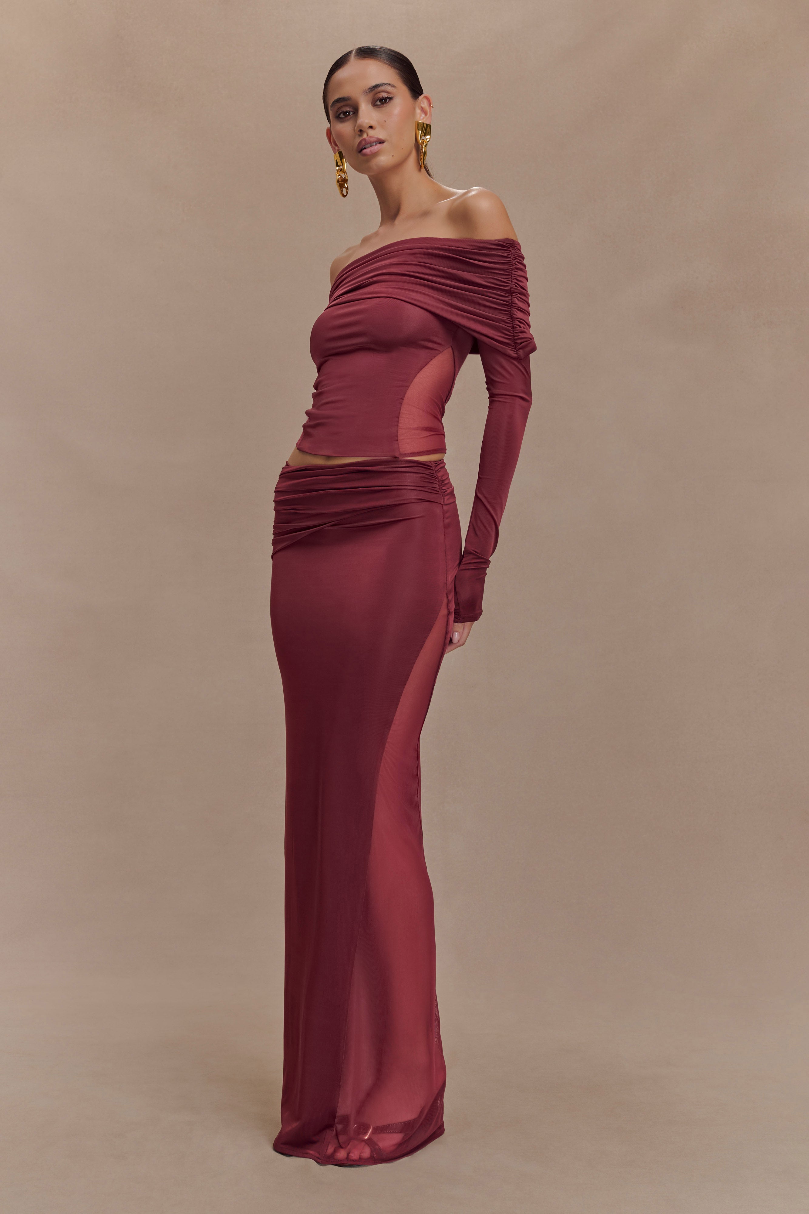 Wine Slinky And Mesh Maxi Skirt