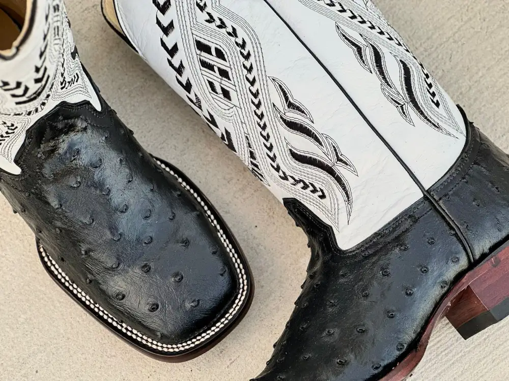 Mens Black Ostrich Leather Boots With White Shaft