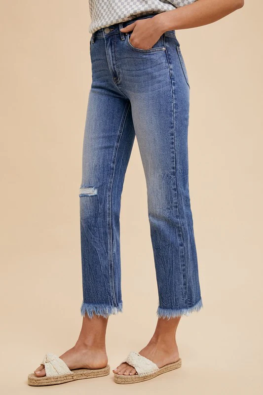 Wear Distressed Raw Hem Straight Leg Cropped Jeans