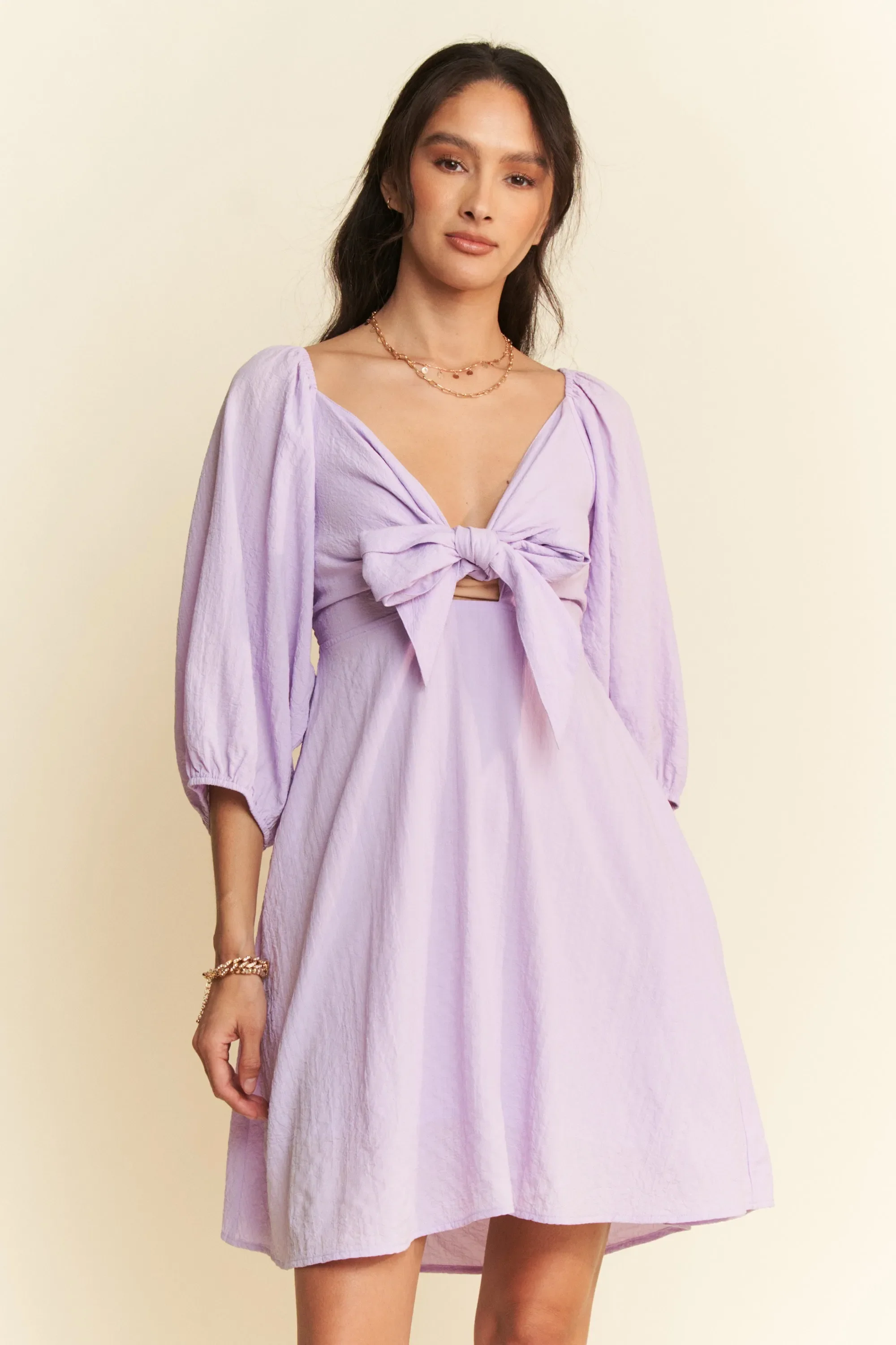 Self-Tie Puff Sleeve Smocking Open Back Mini Dress