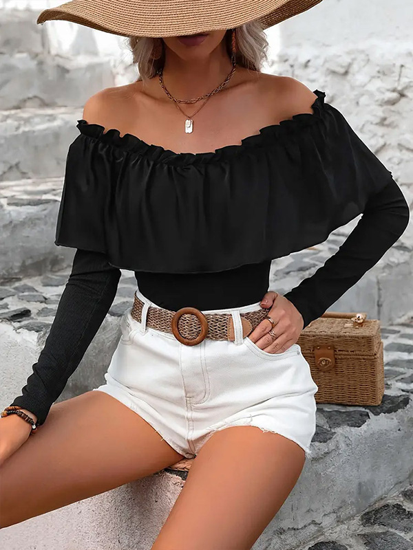 Pleated Solid Color Split-Joint Long Sleeves Skinny Off-the-shoulder T-Shirts Tops