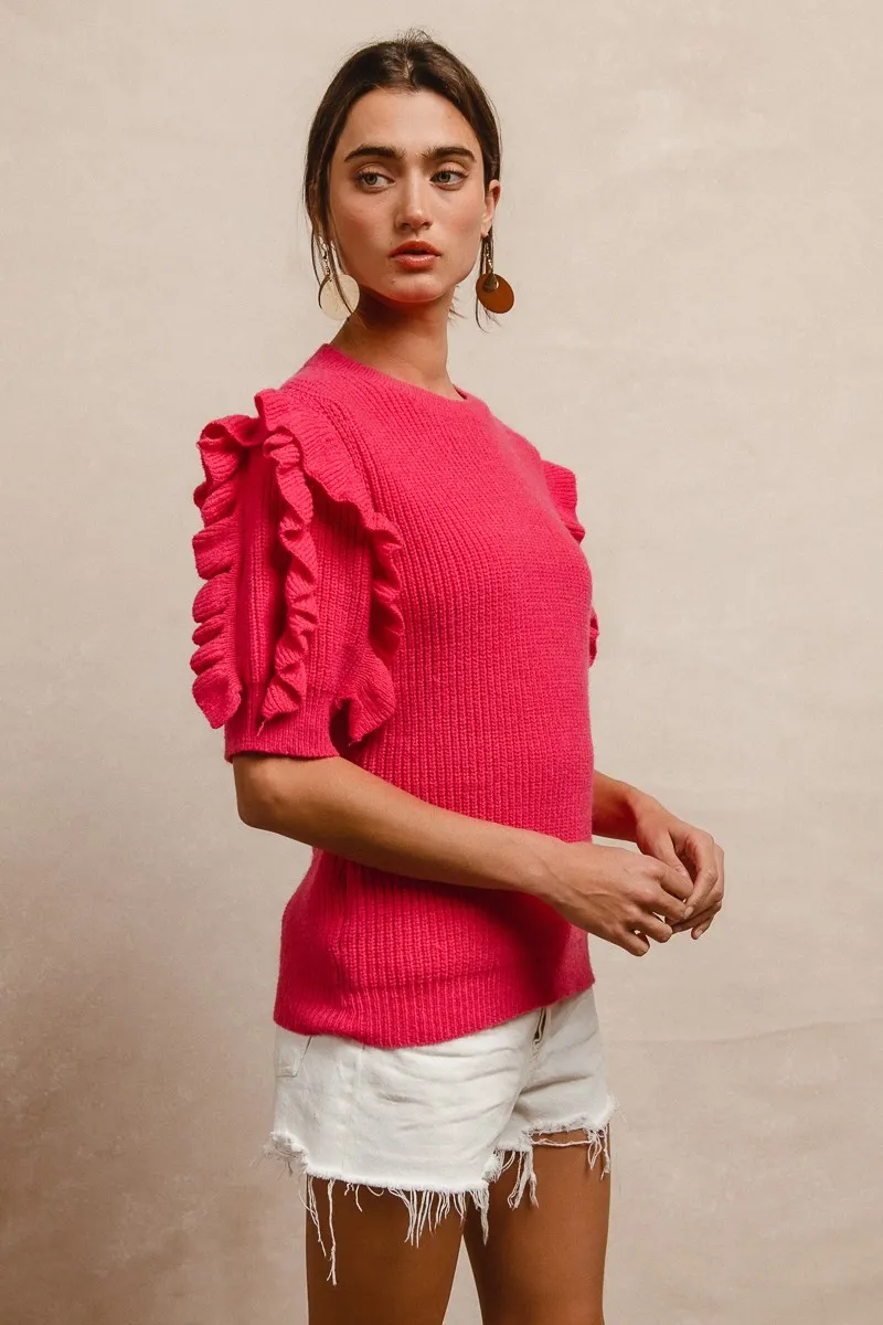 Ruffle Sleeve Ribbed Sweater
