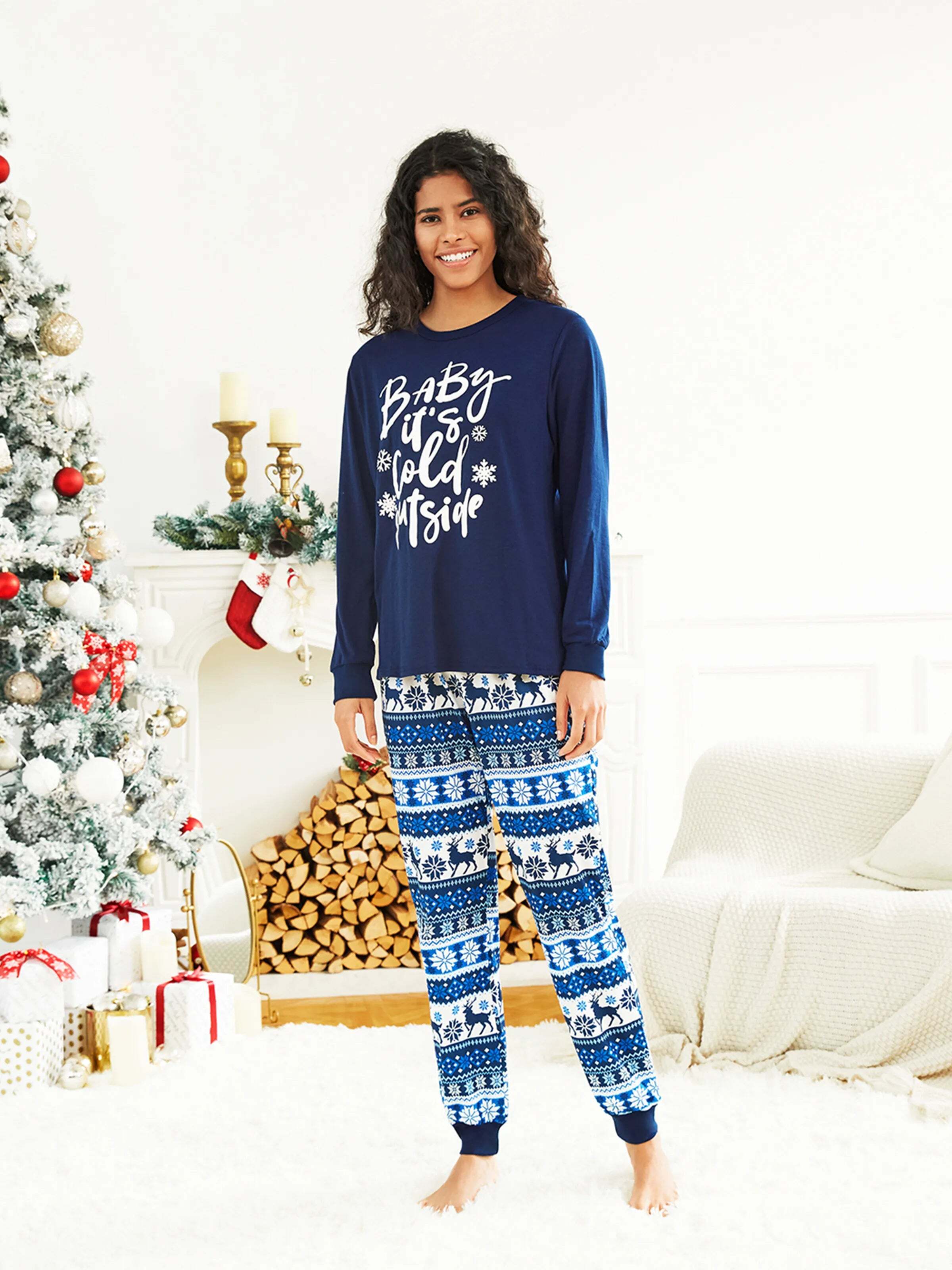 Mosaic Family Matching Letter Top Reindeer Pants Christmas Pajamas Sets with Christmas Socks Deep Blue