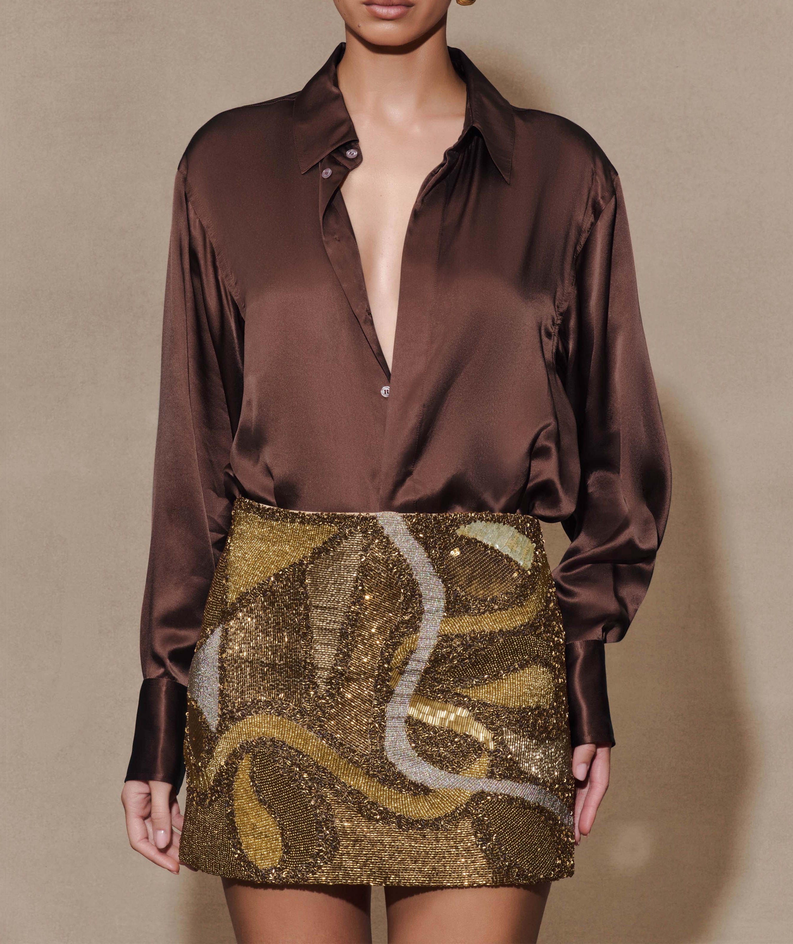 Gold Hand Beaded Abstract Mini Skirt