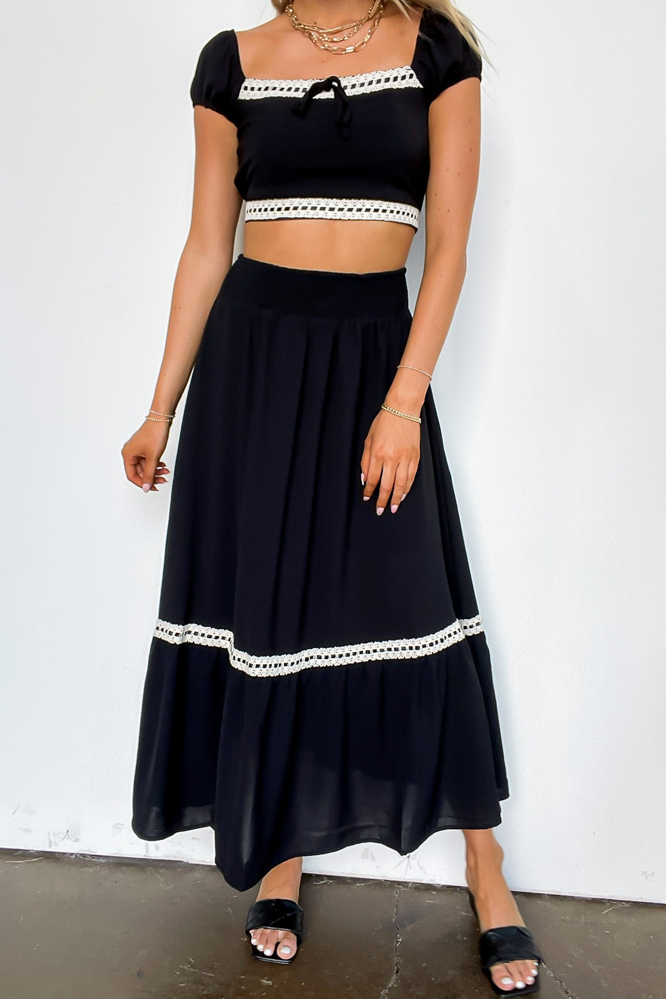 Midnight Lace Contrast Trim Smocked Waist Midi Skirt and Top Set