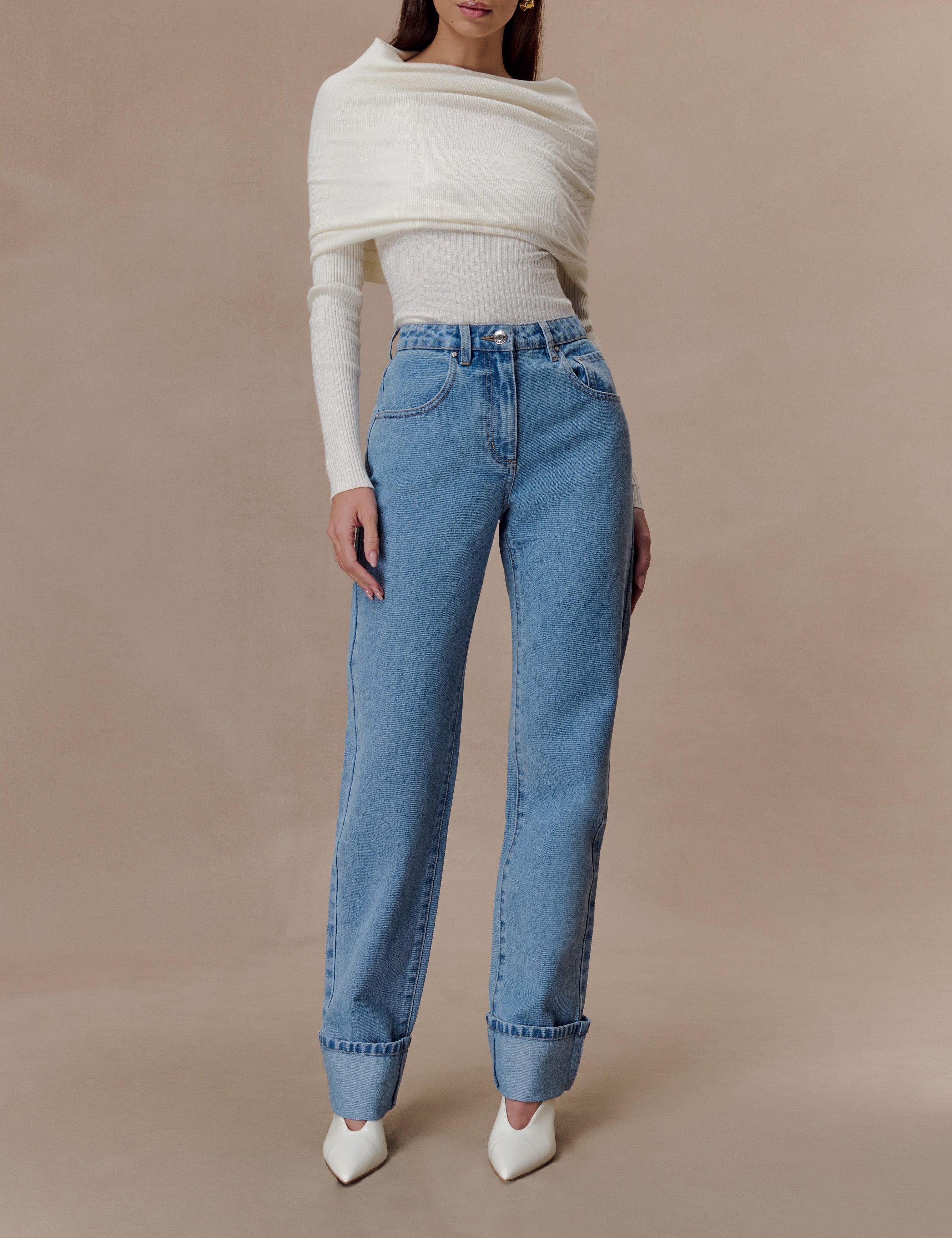 Blue Straight Leg Cuffed Jeans