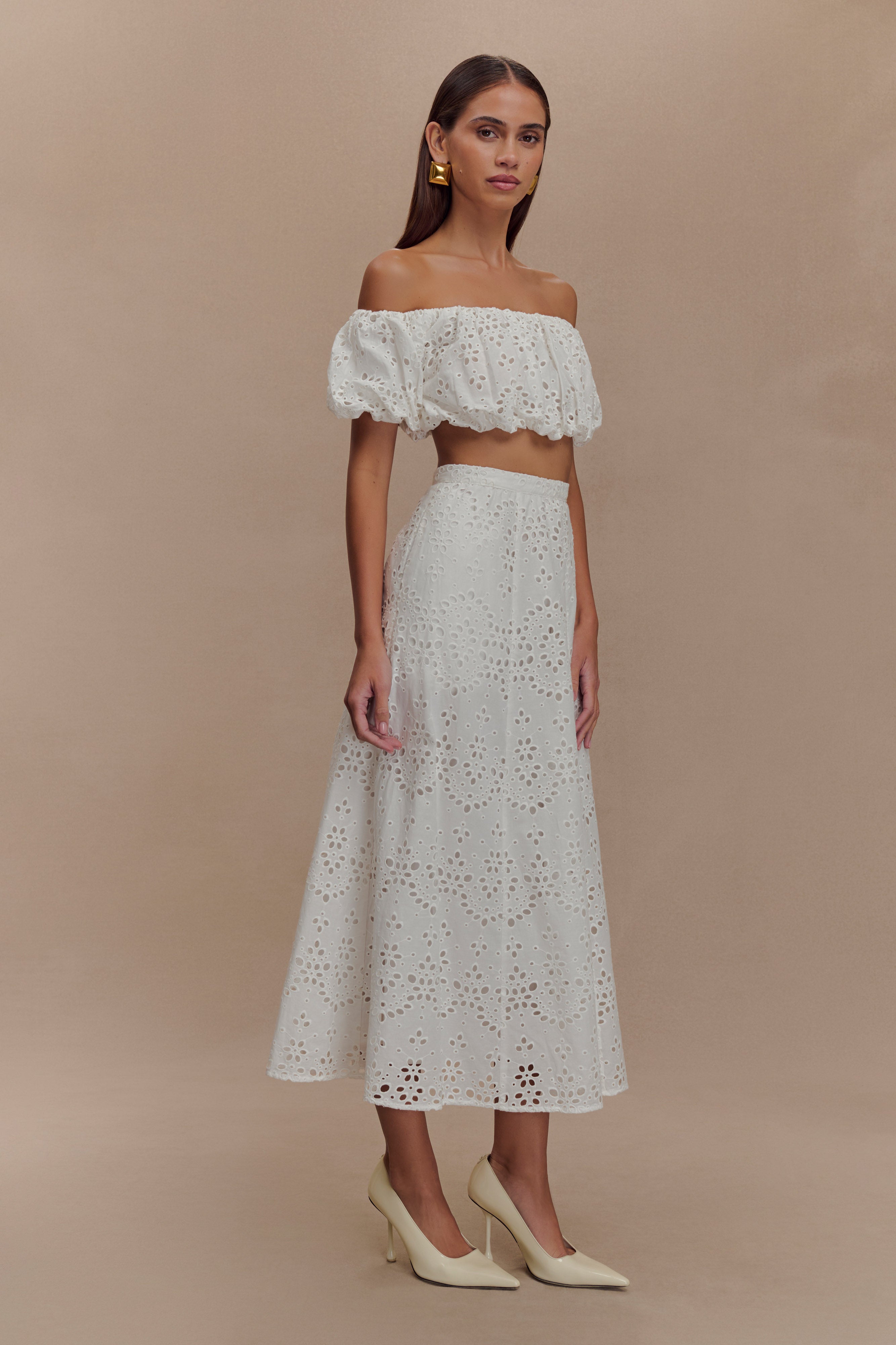 White Off Shoulder Broderie Top