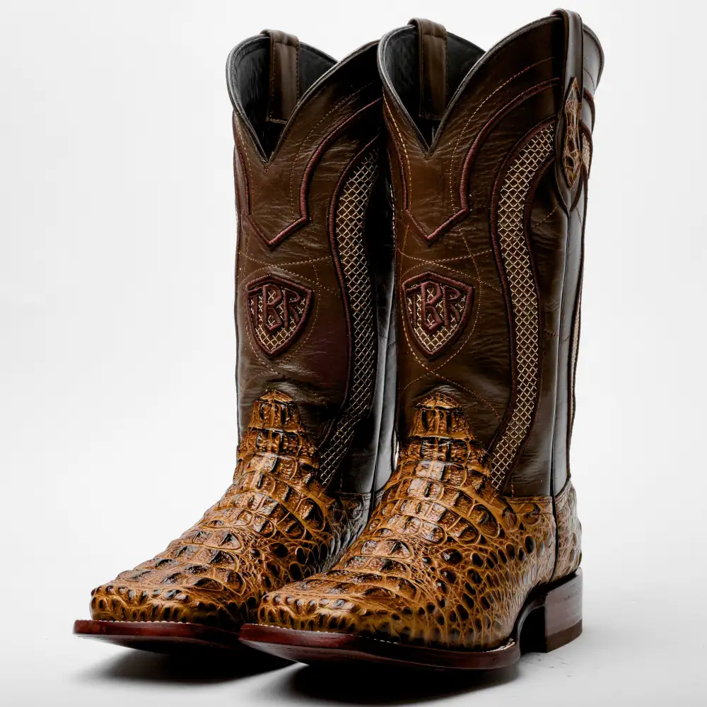 Honey Caiman Neck Leather Boots - Square Toe