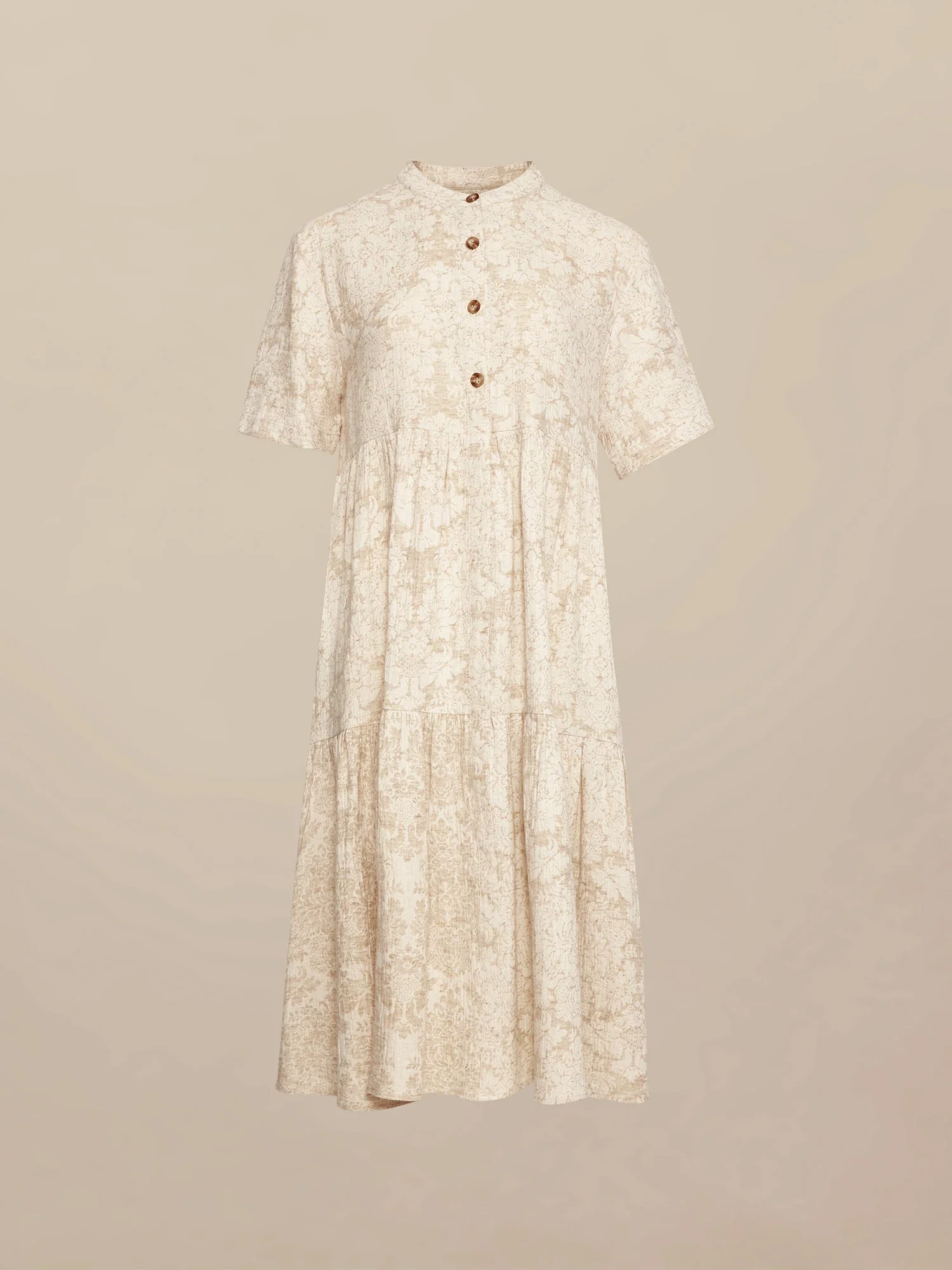 Cotton & Linen Stand Collar Short Sleeve Loose Ruffle Dress
