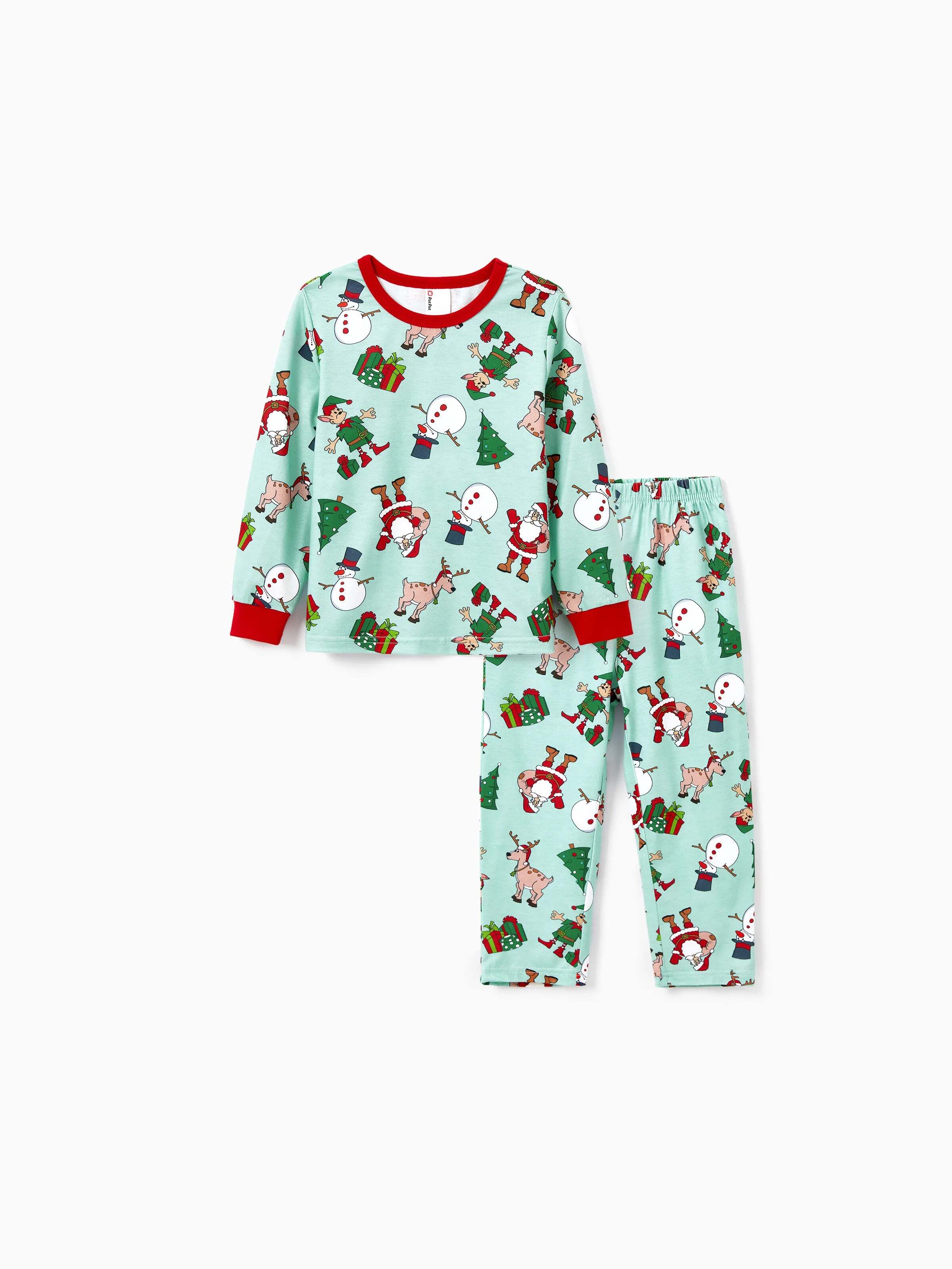 Christmas Matching Family Pajamas Set Reindeer Christmas-themed Print PJS with Christmas Socks Pale Green