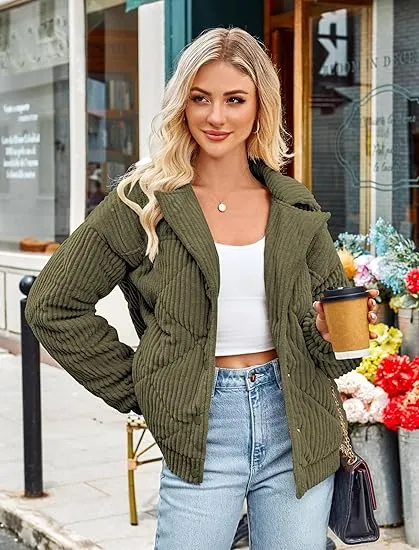 Women's Bomber Jacket Corduroy Ribbed Quilted Zip Up Long Sleeve Winter Coat Fall Outerwear Tops with Pockets