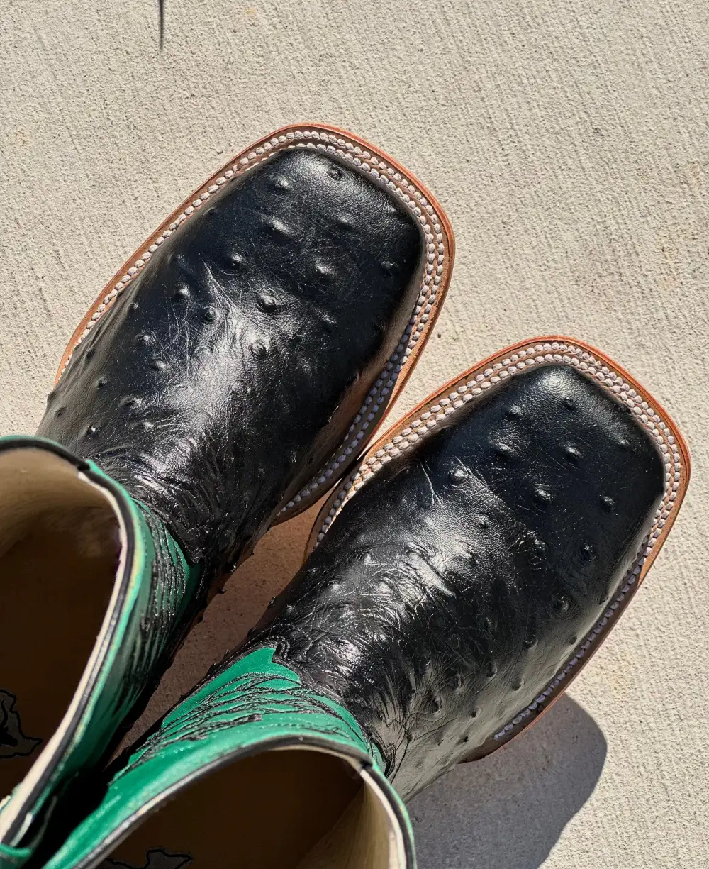 Mens Black Ostrich With Green Shaft Leather Boots