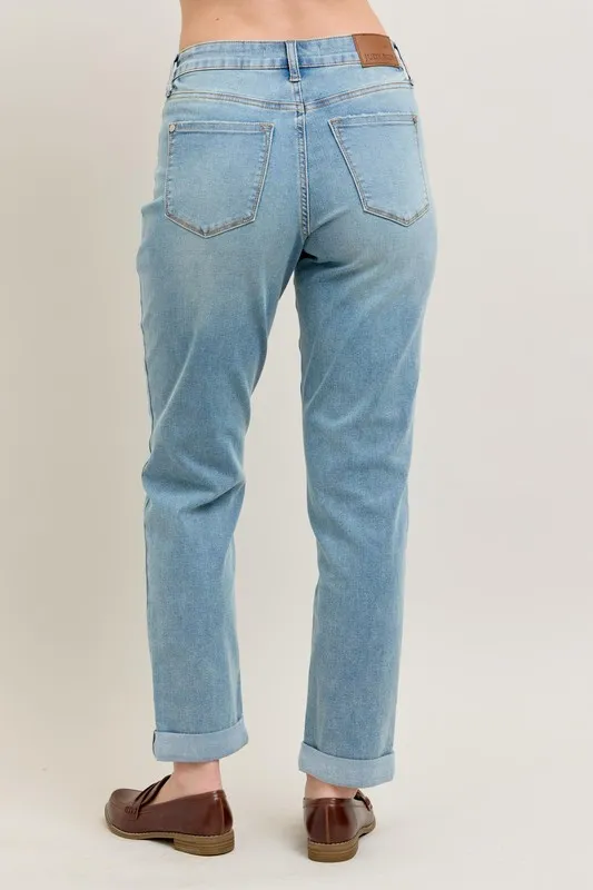 Blue Full Size V-Front Cuff Boyfriend Jeans Plus Size