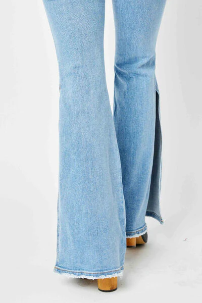 Blue Full Size Mid Rise Raw Hem Slit Flare Jeans
