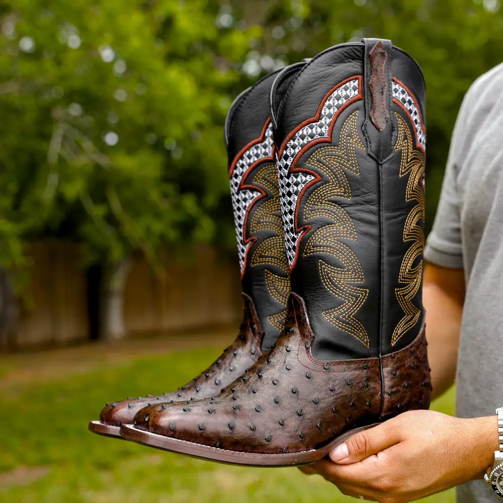 Chocolate Brown Ostrich Leather Boots - Square Toe