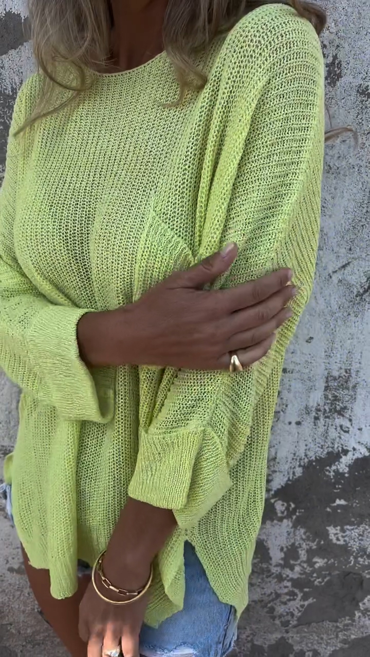Solid Color Knit Pocket Crewneck Sweater