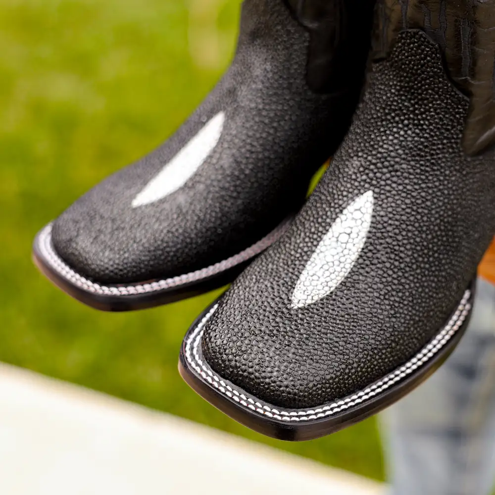 Black Stingray Leather Boots - Square Toe