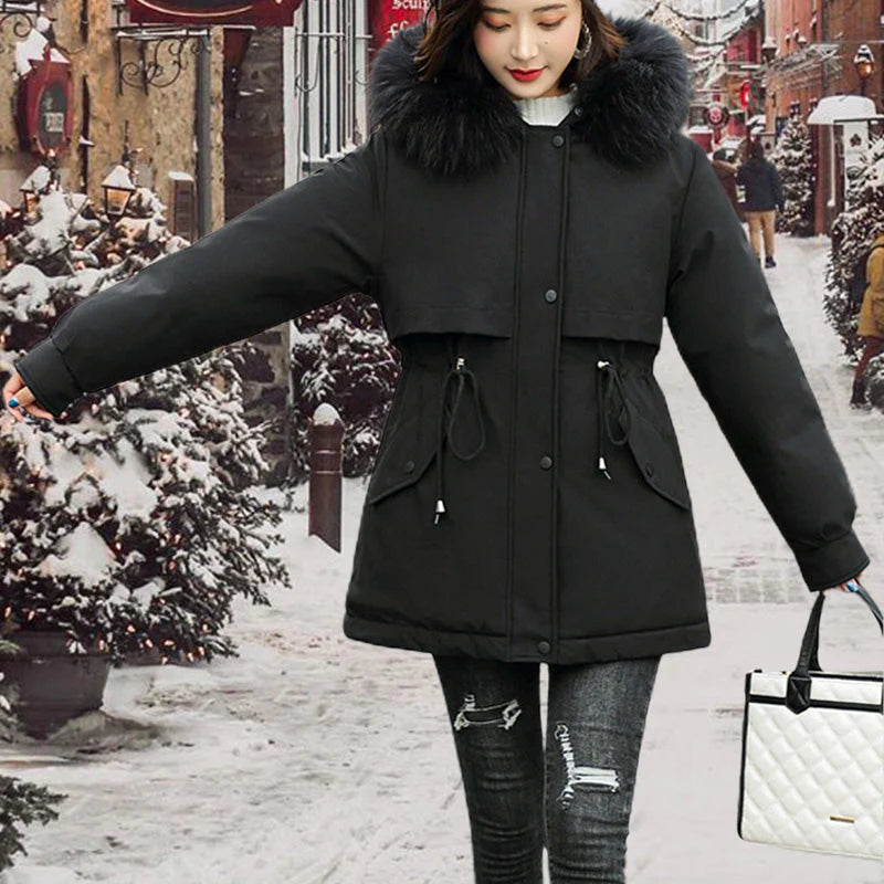 Women's winter coat with loose hood and thick synthetic fleece