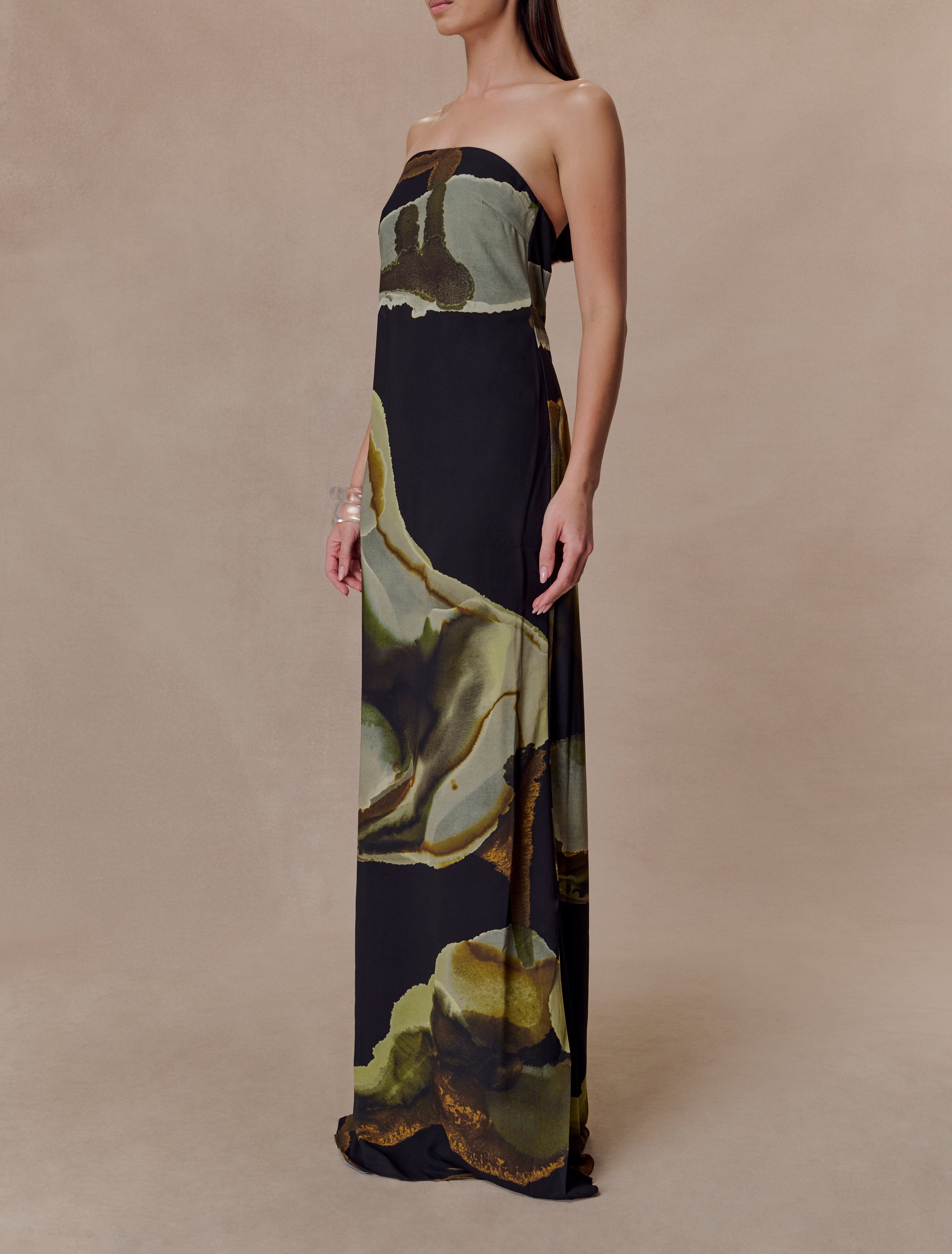 Print Strapless Chiffon Maxi Dress