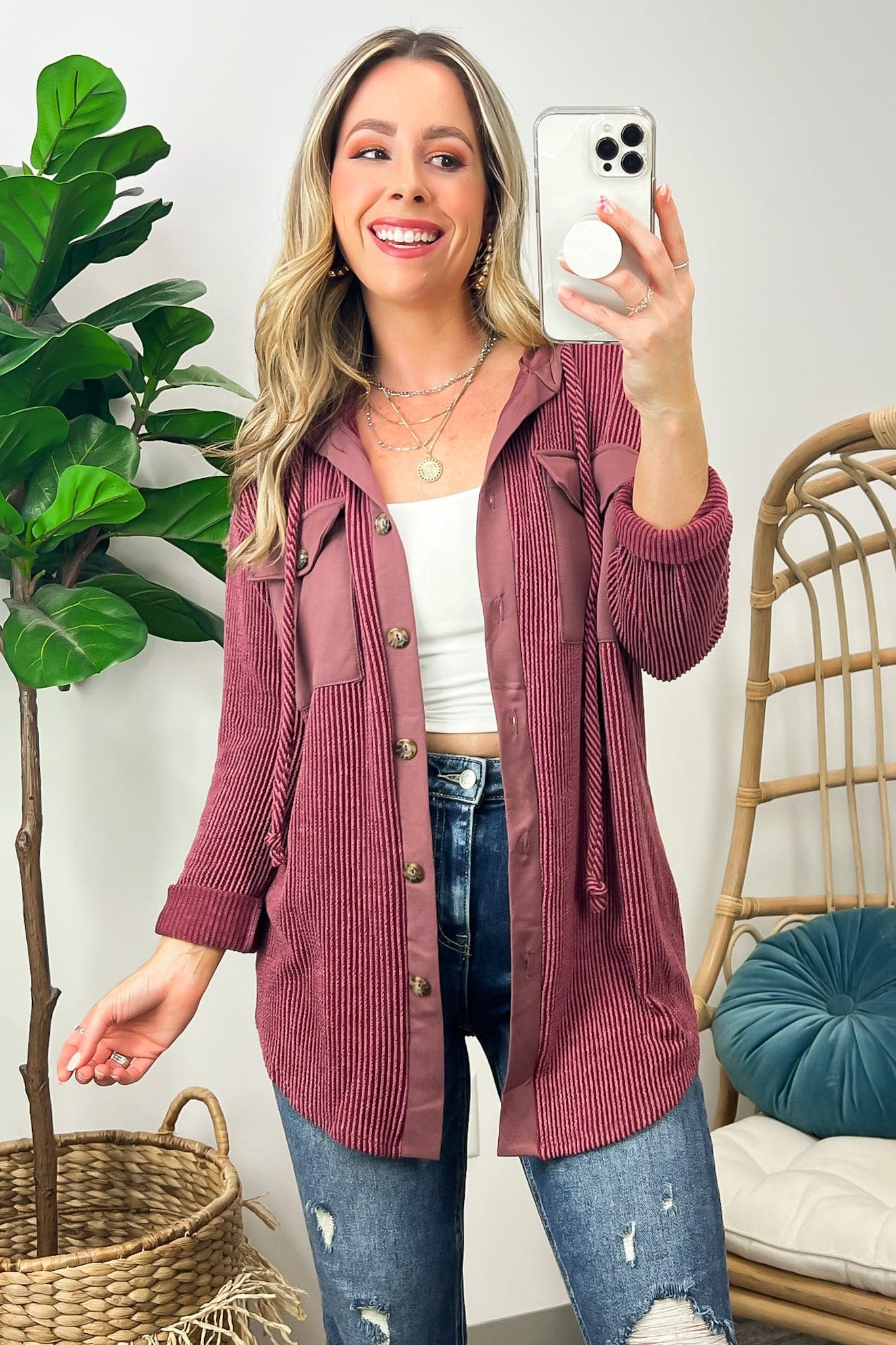 Saturday Satisfaction Ribbed Hooded Shacket