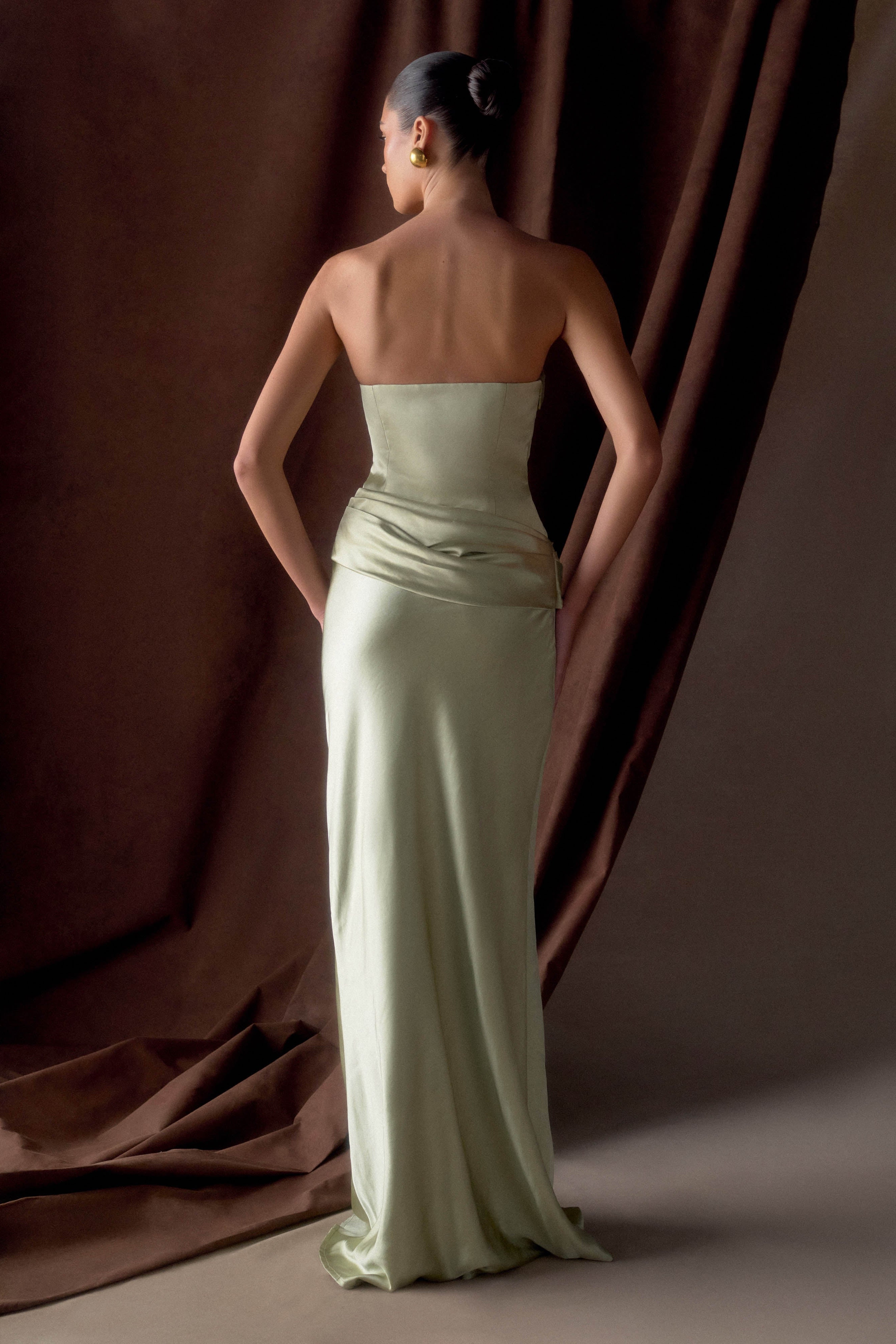 Sage Strapless Satin Maxi Dress