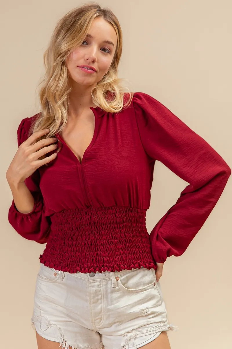 Smoking Waist Band and Puff Sleeves Deep V Neck Top