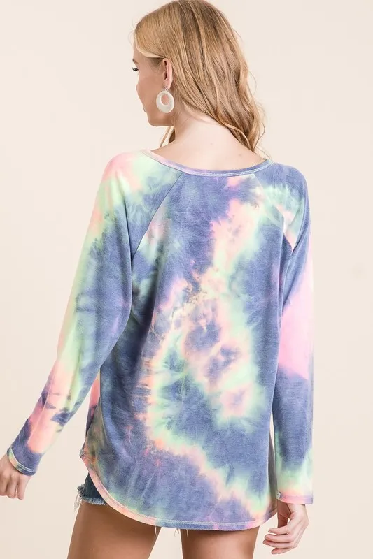 Tie Dye Terry Top with Contrast Stitching Detail