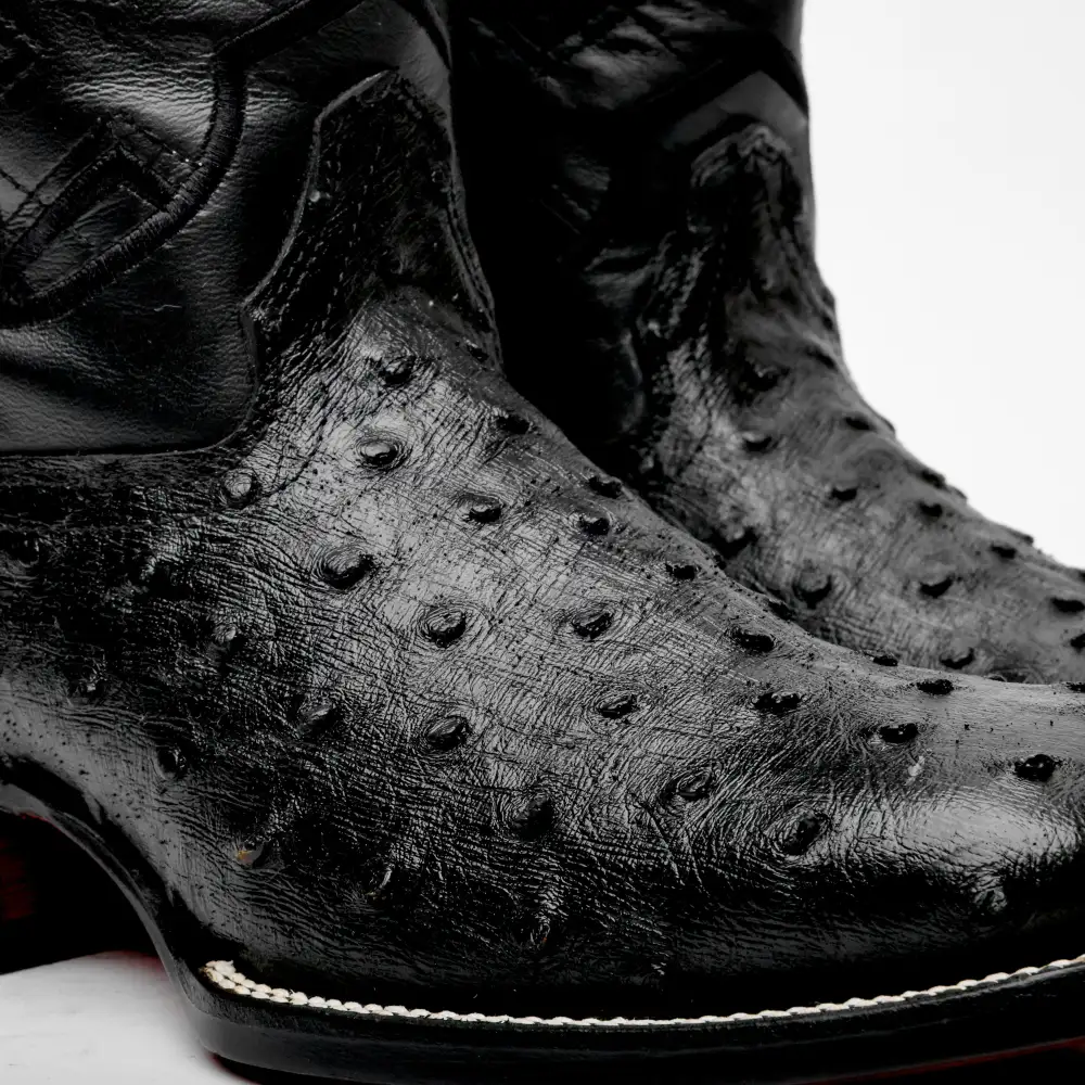 Black Ostrich Leather Boots - Square Toe