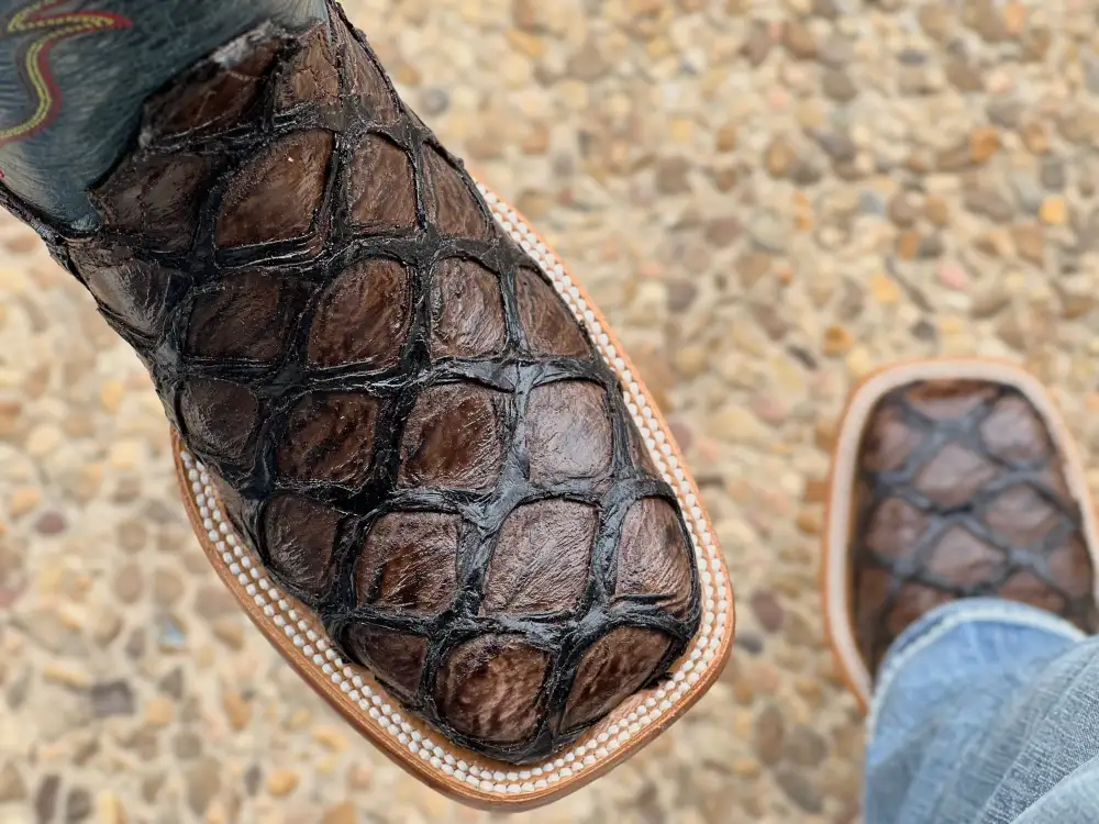 Men’s Brown Pirarucu Leather Boots With Blue Shaft