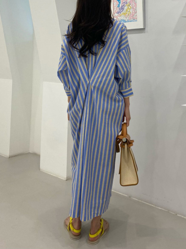 Buttoned Contrast Color Pockets Striped Long Sleeves Loose Lapel Shirt Dress Midi Dresses