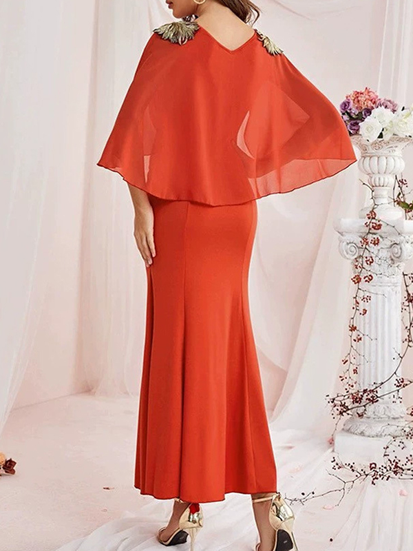 Gauze Solid Color Split-Joint Zipper Batwing Sleeves Bodycon V-Neck Maxi Dresses