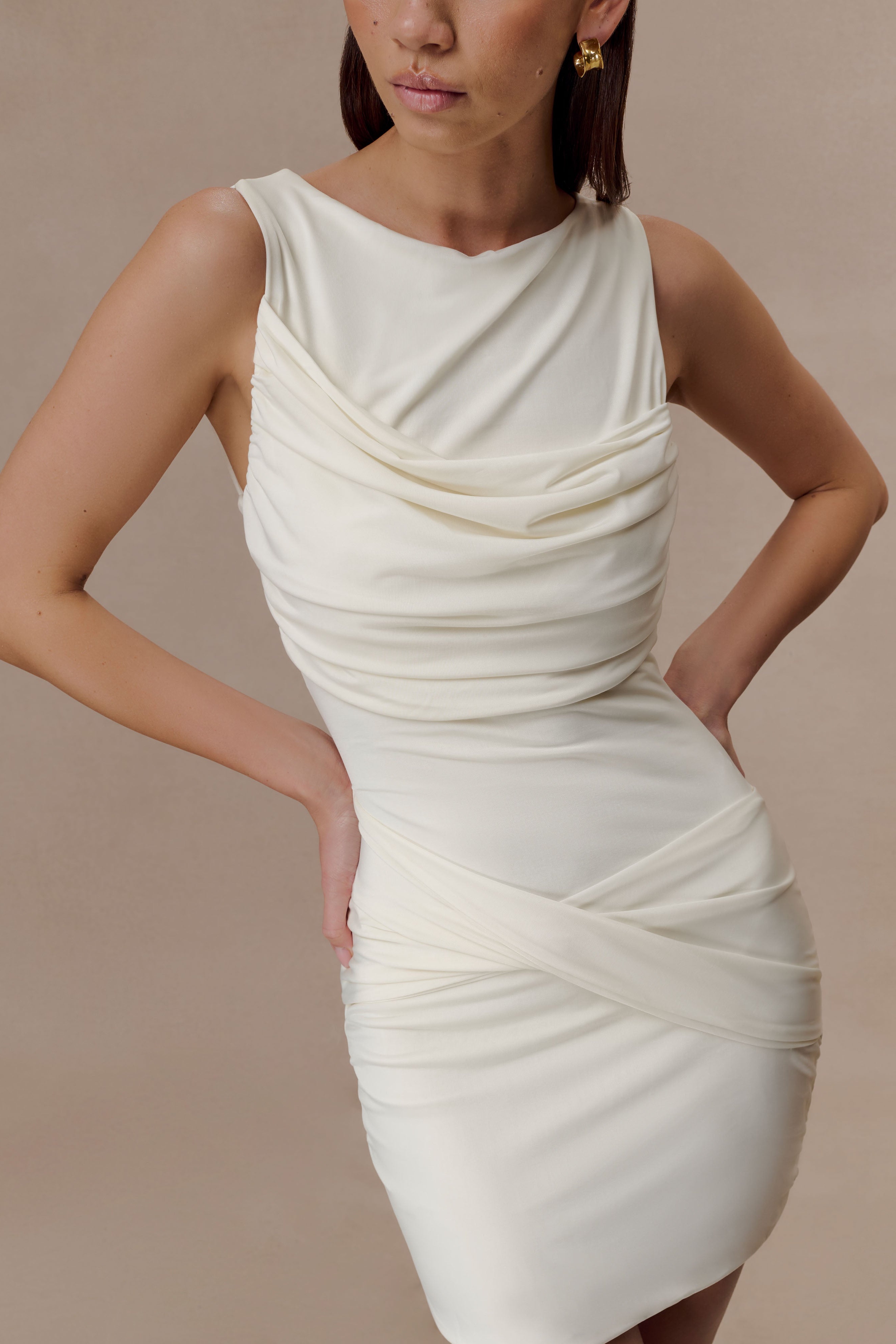 Ivory Slinky Drape Mini Dress