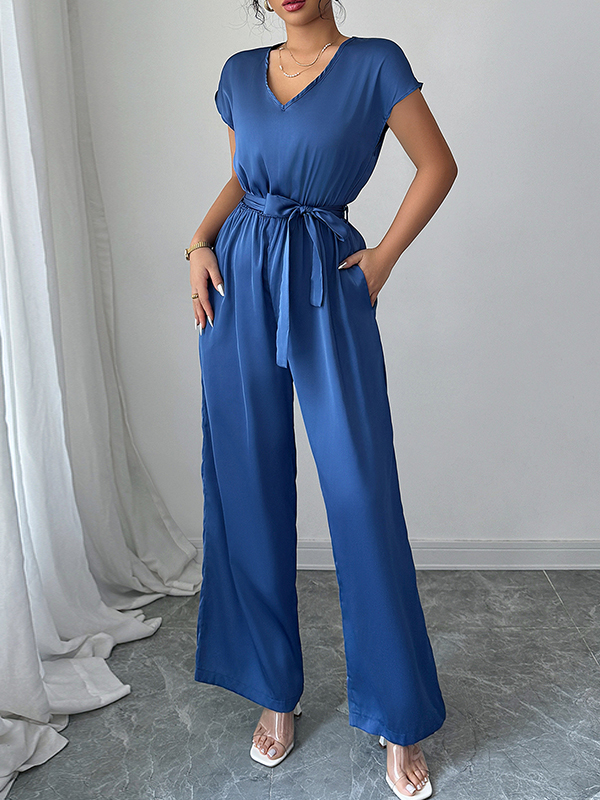 Backless Pleated Pockets Solid Color Tied Waist High Waisted Loose V-Neck Jumpsuits