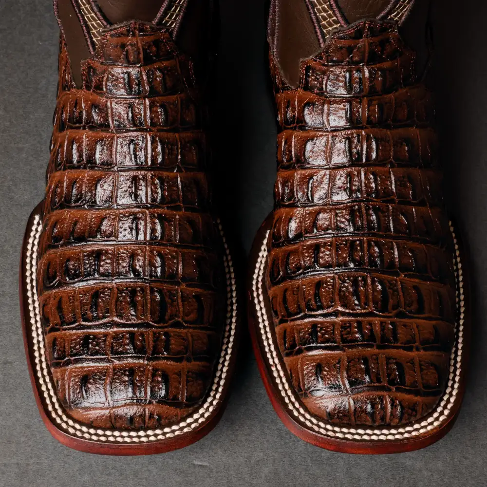 Brown Caiman Hornback Leather Boots - Square Toe