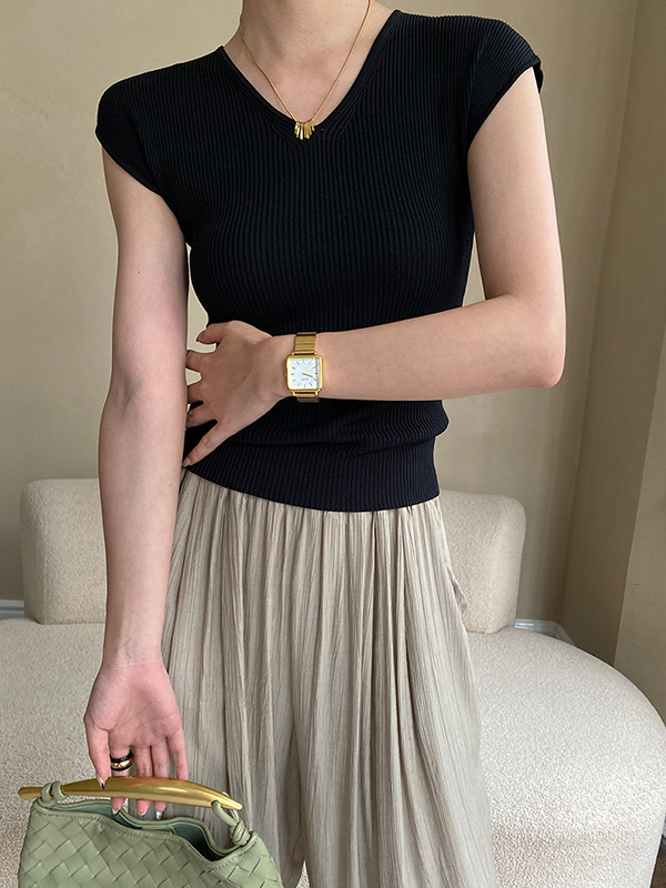 Solid Color Short Sleeves Skinny V-Neck T-Shirts