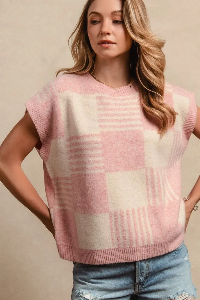 Checker With Stripes Pattern Sleeveless Sweater