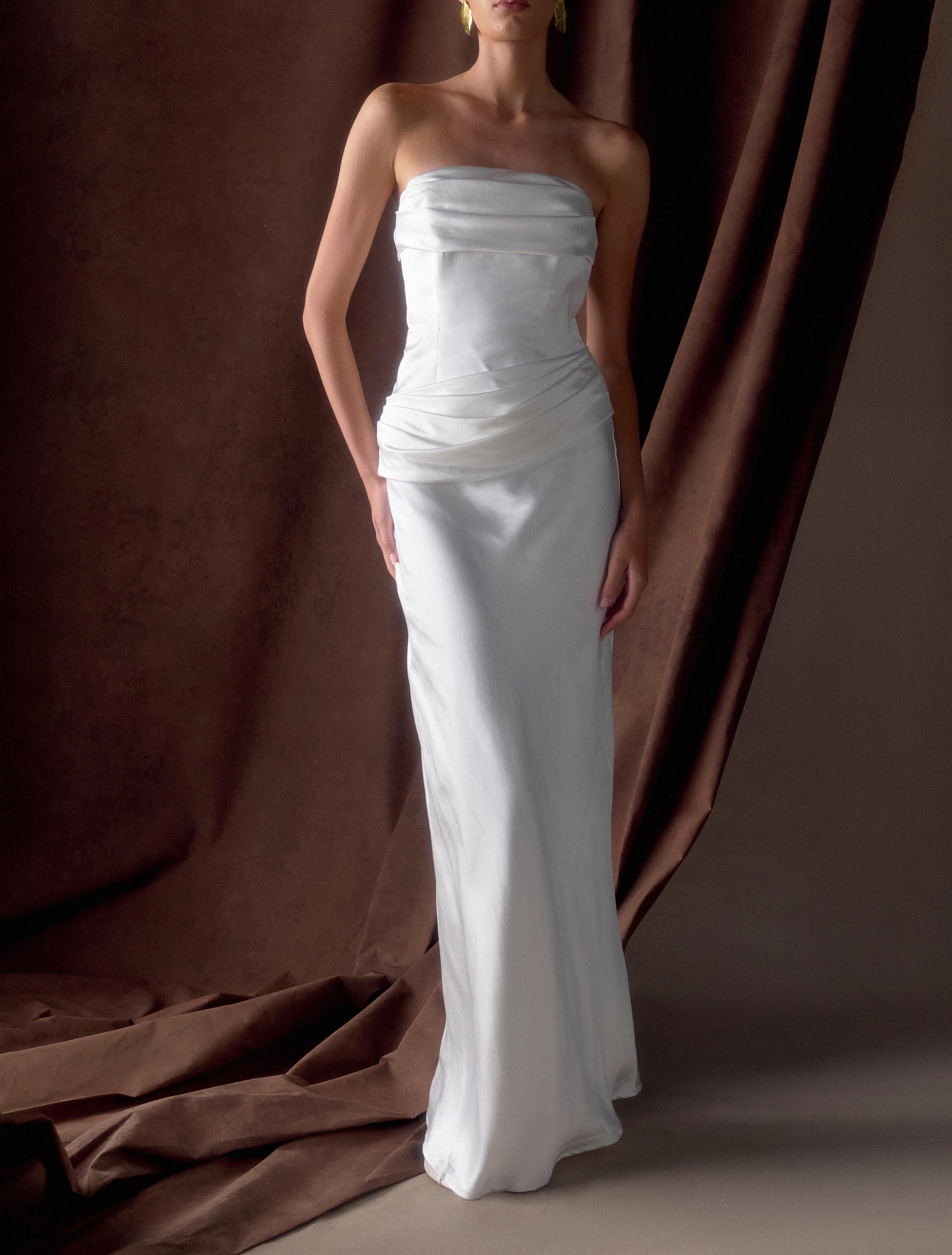 White Strapless Satin Maxi Dress