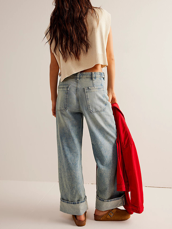 Casual Non-Stretch Washed Straight Wide-Leg Jeans Pants