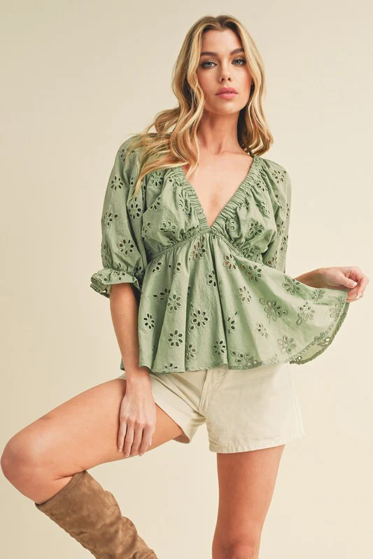 Eyelet Embroidered V-Neck Half Sleeve Peplum Blouse