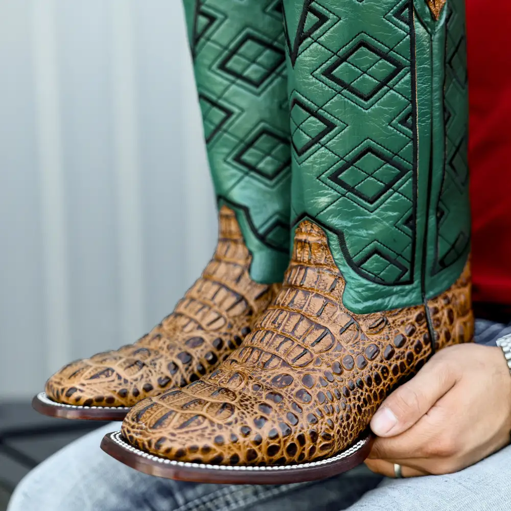 Honey Caiman Neck Leather Boots - Square Toe
